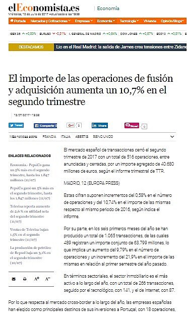 El importe de las operaciones de fusin y adquisicin aumenta un 10,7% en el segundo trimestre